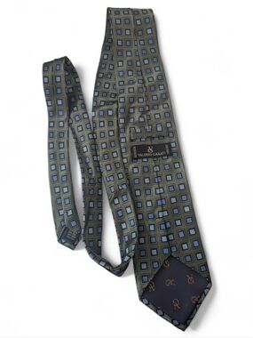 Valerio Garati Handmade Italian Silk Tie Blue Gray Geometric Square Pattern Neck